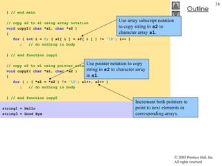  2003 Prentice Hall, Inc.
All rights reserved.
Outline
38
} // end main
// copy s2 to s1 using array notation
void copy1( char *s1, char *s2 )
{
for ( int i = 0; ( s1[ i ] = s2[ i ] ) != '0'; i++ )
; // do nothing in body
} // end function copy1
// copy s2 to s1 using pointer notation
void copy2( char *s1, char *s2 )
{
for ( ; ( *s1 = *s2 ) != '0'; s1++, s2++ )
; // do nothing in body
} // end function copy2
string1 = Hello
string3 = Good Bye
Use array subscript notation
to copy string in s2 to
character array s1.
Use pointer notation to copy
string in s2 to character array
in s1.
Increment both pointers to
point to next elements in
corresponding arrays.
 