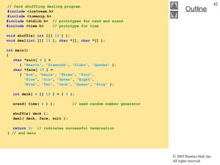  2003 Prentice Hall, Inc.
All rights reserved.
Outline
42
// Card shuffling dealing program.
#include <iostream.h>
#include <iomanip.h>
#include <stdlib.h> // prototypes for rand and srand
#include <time.h> // prototype for time
void shuffle( int [][ 13 ] );
void deal(int [][ 13 ], char *[], char *[] );
int main()
{
char *suit[ 4 ] =
{ "Hearts", "Diamonds", "Clubs", "Spades" };
char *face[ 13 ] =
{ "Ace", "Deuce", "Three", "Four",
"Five", "Six", "Seven", "Eight",
"Nine", "Ten", "Jack", "Queen", "King" };
int deck[ 4 ][ 13 ] = { 0 };
srand( time( 0 ) ); // seed random number generator
shuffle( deck );
deal( deck, face, suit );
return 0; // indicates successful termination
} // end main
 