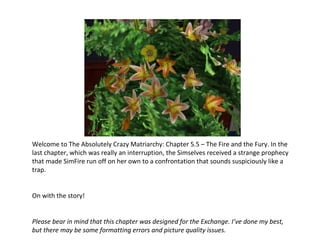 Welcome to The Absolutely Crazy Matriarchy: Chapter 5.5 – The Fire and the Fury. In the last chapter, which was really an interruption, the Simselves received a strange prophecy that made SimFire run off on her own to a confrontation that sounds suspiciously like a trap. On with the story! Please bear in mind that this chapter was designed for the Exchange. I’ve done my best, but there may be some formatting errors and picture quality issues. 