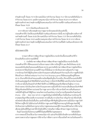 54

ทาพฤติกรรมซ้า ร้อยละ 70.73 มีความสนใจในการทากิจกรรม ร้อยละ 73.17 มีความกระตือรือร้นในการ
ทากิจกรรม ร้อยละ 63.41 และมีความสนุกสนานในการทากิจกรรม ร้อยละ 90.24 จากการสังเกต
พฤติกรรมดังกล่าวพบว่าพฤติกรรมที่ผู้เรียนตอบสนองในการทากิจกรรมที่มีการเสริมแรงด้วยของรางวัล
ทั้งหมด ร้อยละ 74.39
                4.2 การไม่เสริมแรงด้วยของรางวัล
     จากการสังเกตการสังเกตพฤติกรรมการพูดภาษาอังกฤษของนักเรียนระดับชั้น
ประถมศึกษาปีที่ 4 โดยใช้เกมแข่งขันที่ไม่มีการเสริมแรงด้วยของรางวัลนั้น พบว่าผู้เรียนมีความต้องการที่
จะทาพฤติกรรมซ้า ร้อยละ 26.83 มีความสนใจในการทากิจกรรม ร้อยละ 17.07 มีความกระตือรือร้นใน
การทากิจกรรม ร้อยละ 14.63 และมีความสนุกสนานในการทากิจกรรม ร้อยละ 34.14 จากการสังเกต
พฤติกรรมดังกล่าวพบว่าพฤติกรรมที่ผู้เรียนตอบสนองในการทากิจกรรมที่ไม่มีการเสริมแรงด้วยของรางวัล
ทั้งหมด ร้อยละ 23.17

อภิปรายผลการวิจัย

             จากผลการศึกษาการพัฒนาทักษะการพูดโดยใช้เกม ของนักเรียนชั้นประถมศึกษาปีที่ 4
มีประเด็นที่นามาอภิปรายผลได้ดังนี้
               1. ประสิทธิภาพการพัฒนาทักษะการพัฒนาทักษะการพูดโดยใช้เกม ของนักเรียนชั้น
ประถมศึกษาปีที่ 4 ที่มีคะแนนระหว่างเรียนจากแผนการจัดการเรียนรู้ทั้ง 4 แผน คิดเป็นร้อยละ 60.00
คะแนนหลังเรียนคิดเป็นคะแนนเฉลี่ยร้อยละ 60.54 และประสิทธิภาพการพัฒนาทักษะการพูดโดยใช้เกม
60.00/60.54 ซึ่งไม่เป็นไปตามเกณฑ์ที่กาหนด ทั้งนี้เนื่องมาจากนักเรียนขาดความคุ้นเคยกับการพูด
ภาษาอังกฤษ จึงทาให้ผู้เรียนเกิดความวิตกกังวลและความตื่นเต้นขณะทากิจกรรมเกี่ยวกับการพูดซึ่งเป็นสิ่ง
ที่ค่อนข้างยาก ดังตัวอย่างเช่นเกม Find Find Find (Arranging game) ซึ่งมีคะแนนเฉลี่ยอยู่ที่ร้อยละ
60.16 เป็นเกมที่นักเรียนทาคะแนนเฉลี่ยรวมน้อยที่สุดเมื่อเทียบกับเกมอื่นๆ ซึ่งเกมนี้เป็นเกมแข่งขันที่ให้
นักเรียนแต่ละคู่พูดเรียงคาศัพท์ที่สลับตาแหน่งกันอยู่ จากนั้นนาคาศัพท์ที่ได้มาแต่งเป็นประโยค โดยจะมี
การจับเวลาเมื่อเริ่มเปิดแผ่นป้ายคาศัพท์ ทีมที่ทาเวลาได้ดีที่สุดและถูกต้องที่สุดจะเป็นผู้ชนะ จากเกม
ดังกล่าวจะพบว่านักเรียนเกิดความวิตกกังวลและขาดความมั่นใจทั้งกลัวว่าจะออกเสียงผิดและเรียงคาศัพท์
ได้ไม่ถูกต้องส่งผลให้เกิดความประหม่าในการพูด นอกจากนั้นการจับเวลายังสร้างความตื่นเต้นและแรง
กดดันให้กับผู้เรียนทาให้ผู้เรียนบางคนเกิดความกลัวและไม่อยากร่วมกิจกรรม ซึ่งสอดคล้องกับพอร์เตอร์
(Porter. 1992 : Web Site) กล่าวว่า การพูดเป็นปัญหาหนึ่งที่เกิดขึ้นมากในชั้นเรียนภาษาอังกฤษ ซึ่ง
สาเหตุของปัญหาที่พบบ่อยคือ ความประหม่า ความตื่นเต้น ความวิตกกังวล กลัวถูกวิจารณ์ หรือกลัวเสีย
หน้าต่อหน้าเพื่อนนักเรียนในชั้นเรียน และอีกหนึ่งปัญหาที่สาคัญคือ ผู้เรียนขาดความมั่นใจในการพูด จึงทา
ให้เกิดความรู้สึกเบื่อ ไม่มีส่วนร่วมกับหัวข้อในการพูด และทาให้ผู้เรียนขาดแรงจูงใจที่จะพูด ส่งผลให้ผู้
นักเรียนขาดความเชื่อมั่นในความสามารถในการพูดของตนเองและรู้สึกว่าตนเองมีทักษะในการใช้ภาษาไม่
เพียงพอ ผู้เรียนที่มีปัญหาเหล่านี้จาเป็นต้องได้รับการส่งเสริมการพัฒนาทักษะการพูดภาษาอังกฤษ
    ถึงแม้ว่าผลจะไม่เป็นไปตามเกณฑ์ที่ตั้งไว้แต่ผลที่ได้ก็ถือว่าสูงพอสมควร                จึงยืนยันได้ว่า
จากการทดลองนี้ ถึงจะใช้เวลาในการทดลองไม่มากนัก แต่เกมก็ช่วยให้นักเรียนมีความกระตือรือร้นและ
และความพยายามในการพูดและการใช้ภาษาในการสื่อสาร นอกจากนั้นเกมยังสร้างความบันเทิงและสร้าง
 