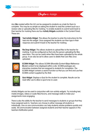 1




                                  Chapter 5: Assign


Any Site created within the VLE can be assigned to students as a task for them to
complete. This may be as simple as asking the student to read the content (such as a
revision site) or uploading files for marking. To enable students to submit work back to
their teacher for marking there are four Activity Widgets available in the Content Panel.
These are:

              Text Activity Widget. This allows the teacher to enter the instructions for the
              task into the widget. Once assigned the students can then type in their
              response and submit it back to the teacher for marking.


              File Drop Widget. This allows students to upload files to the teacher for
              marking. It can be configured so that only the person uploading the files
              sees them. This can be useful when files have been uploaded by the whole
              group. It can also be set to allow users to delete their own files once
              uploaded.

             SCORM Widget. This allows SCORM (Sharable Content Object Reference
             Model) content to be displayed within a site. SCORM packages are
             interactive modules that are assigned to students for completion. The
             SCORM Widget contains a search function so that you can find and use free
             SCORM content supplied by the MoE.

              Quiz Widget. Displays a Quiz for the student to complete. Results can be
              reset after use to allow a quiz to be re-used.




Activity Widgets can be used in conjunction with non-activity widgets. Try including text,
media (images, videos or audio files) forums, and message walls to make your
assignments more engaging.

There is also the ability for the teacher to send messages to students or groups that they
have assigned work to. Teachers can choose to either message all students or
individually. One on one communication can help students resolve problems quickly and
easily. All communication between assigned students and their teacher appears in the
teachers Notification panel.
 