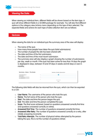 32



Viewing the Data


When viewing an individual item, different fields will be shown based on the item type. A
quiz will show different fields to a SCORM package for example. You will also find different
options in the category view Actions menu depending on the type of item selected. The
expected fields and actions for each type of data collection item are as follows:


Quizzes


When viewing the data for an individual quiz the summary area of the view will display:

   o   The name of the quiz.
   o   How many times people have taken the quiz (total submissions).
   o   The number of people the site has been shared with.
   o   The date and time of the first submission.
   o   The date and time of the most recent submission.
   o   The summary area will also display a graph showing the number of submissions
       per day, week or month. If the quiz has been active for less than 14 days the graph
       is displayed in days, between 14 and 59 days in weeks and 60 days or over in
       months.




The following data fields will also be returned from the quiz, which can then be exported
to a CSV:

   o User Name: The username of the person who took the quiz.
   o Name: The full name of the person who took the quiz.
   o Start: The date and time the person began the quiz.
   o End: The date and time the person completed the quiz.
   o Score: The final score achieved, based on questions answered correctly first time
     and questions answered correctly on retries.
   o Answered First Time: The number of questions answered correctly first time.
   o Answered After Retry: The number of questions answered correctly on a retry, after
     initially answering incorrectly.
   o Total Retry Attempts: The number of physical retries attempted by the person
     taking the quiz, this is not the number of questions retried.
 