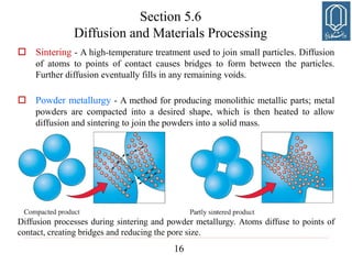 16
Section 5.6
Diffusion and Materials Processing
 Sintering - A high-temperature treatment used to join small particles. Diffusion
of atoms to points of contact causes bridges to form between the particles.
Further diffusion eventually fills in any remaining voids.
 Powder metallurgy - A method for producing monolithic metallic parts; metal
powders are compacted into a desired shape, which is then heated to allow
diffusion and sintering to join the powders into a solid mass.
Diffusion processes during sintering and powder metallurgy. Atoms diffuse to points of
contact, creating bridges and reducing the pore size.
 