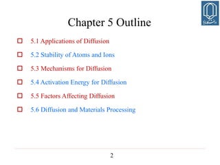 2
Chapter 5 Outline
 5.1 Applications of Diffusion
 5.2 Stability of Atoms and Ions
 5.3 Mechanisms for Diffusion
 5.4 Activation Energy for Diffusion
 5.5 Factors Affecting Diffusion
 5.6 Diffusion and Materials Processing
 