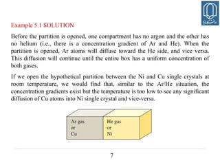 7
Example 5.1 SOLUTION
Before the partition is opened, one compartment has no argon and the other has
no helium (i.e., there is a concentration gradient of Ar and He). When the
partition is opened, Ar atoms will diffuse toward the He side, and vice versa.
This diffusion will continue until the entire box has a uniform concentration of
both gases.
If we open the hypothetical partition between the Ni and Cu single crystals at
room temperature, we would find that, similar to the Ar/He situation, the
concentration gradients exist but the temperature is too low to see any significant
diffusion of Cu atoms into Ni single crystal and vice-versa.
 