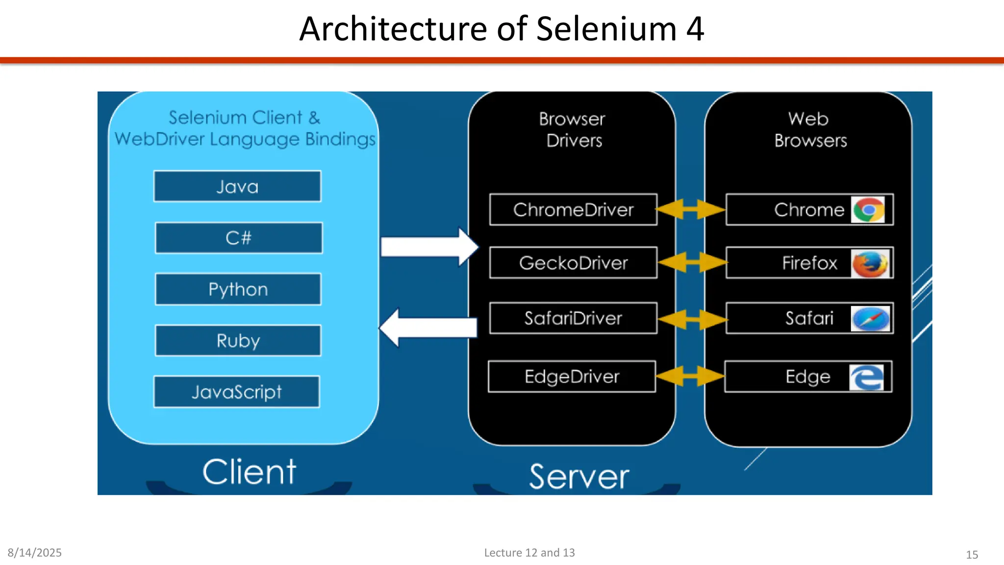 15
Lecture 12 and 13
Architecture of Selenium 4
8/14/2025
 