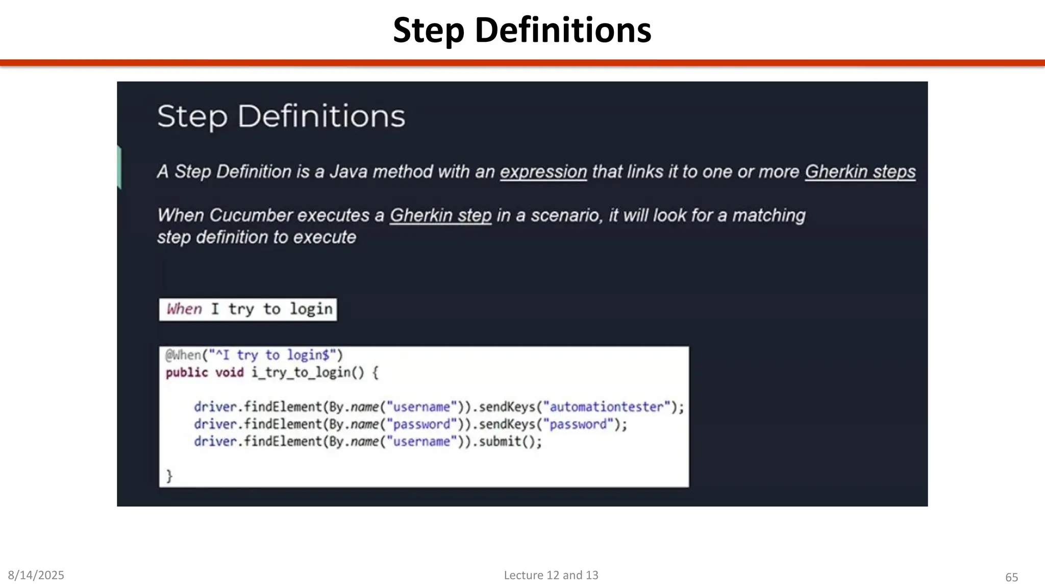 65
Lecture 12 and 13
Step Definitions
8/14/2025
 