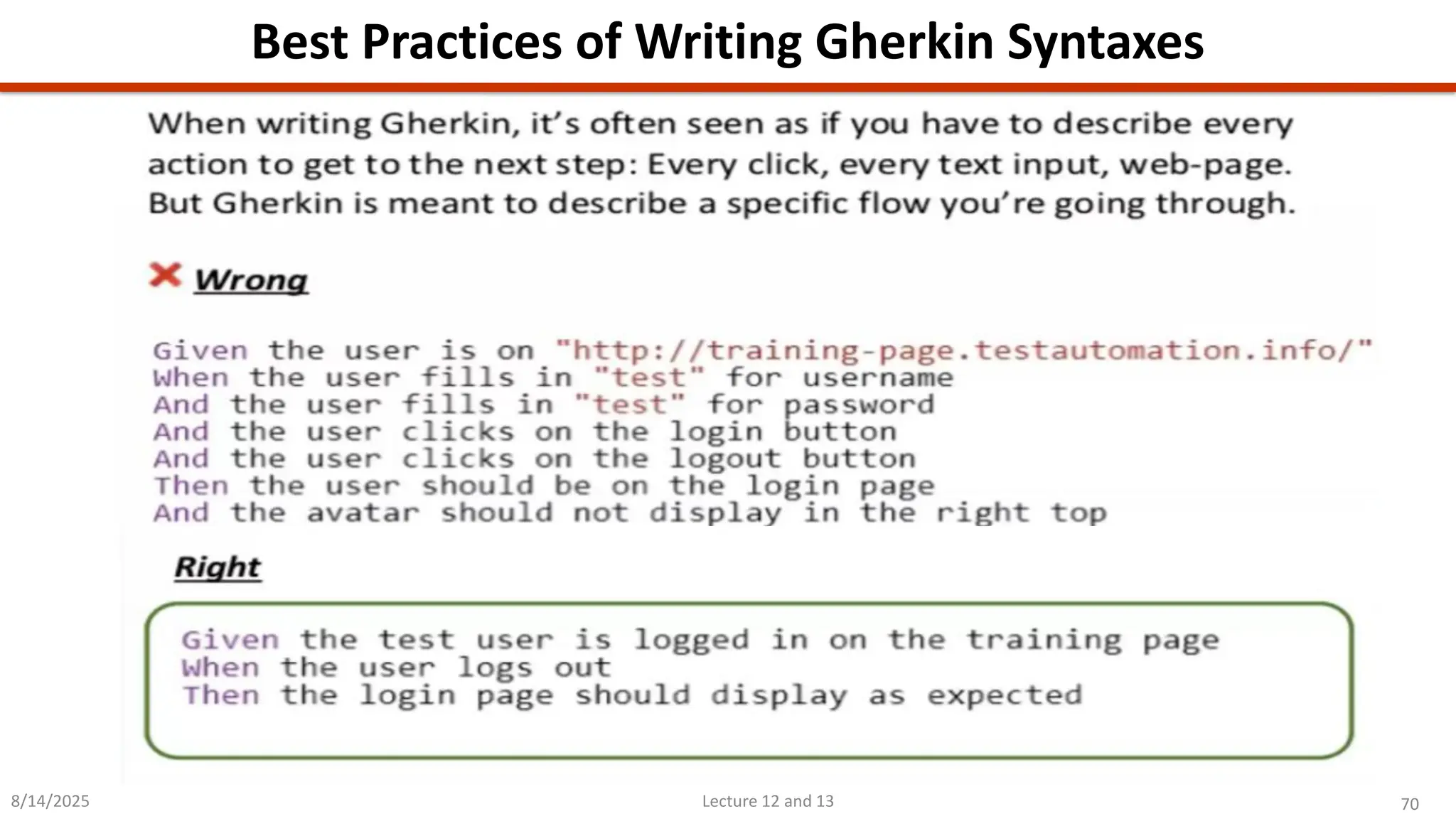 70
Lecture 12 and 13
Best Practices of Writing Gherkin Syntaxes
8/14/2025
 