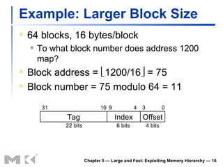 Example: Larger Block Size 64 blocks, 16 bytes/block To what block number does address 1200 map? Block address =   1200/16   = 75 Block number = 75 modulo 64 = 11 Chapter 5 — Large and Fast: Exploiting Memory Hierarchy —  Tag Index Offset 0 3 4 9 10 31 4 bits 6 bits 22 bits 