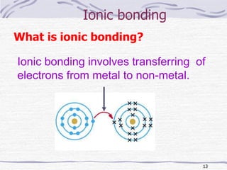 Ionic bonding What is ionic bonding? Ionic bonding involves transferring  of electrons from metal to non-metal. 