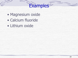 Examples Magnesium oxide Calcium fluoride Lithium oxide 