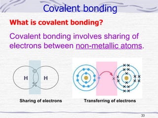 Covalent bonding What is covalent bonding? Covalent bonding involves sharing of electrons between  non-metallic atoms . H H Sharing of electrons Transferring of electrons 