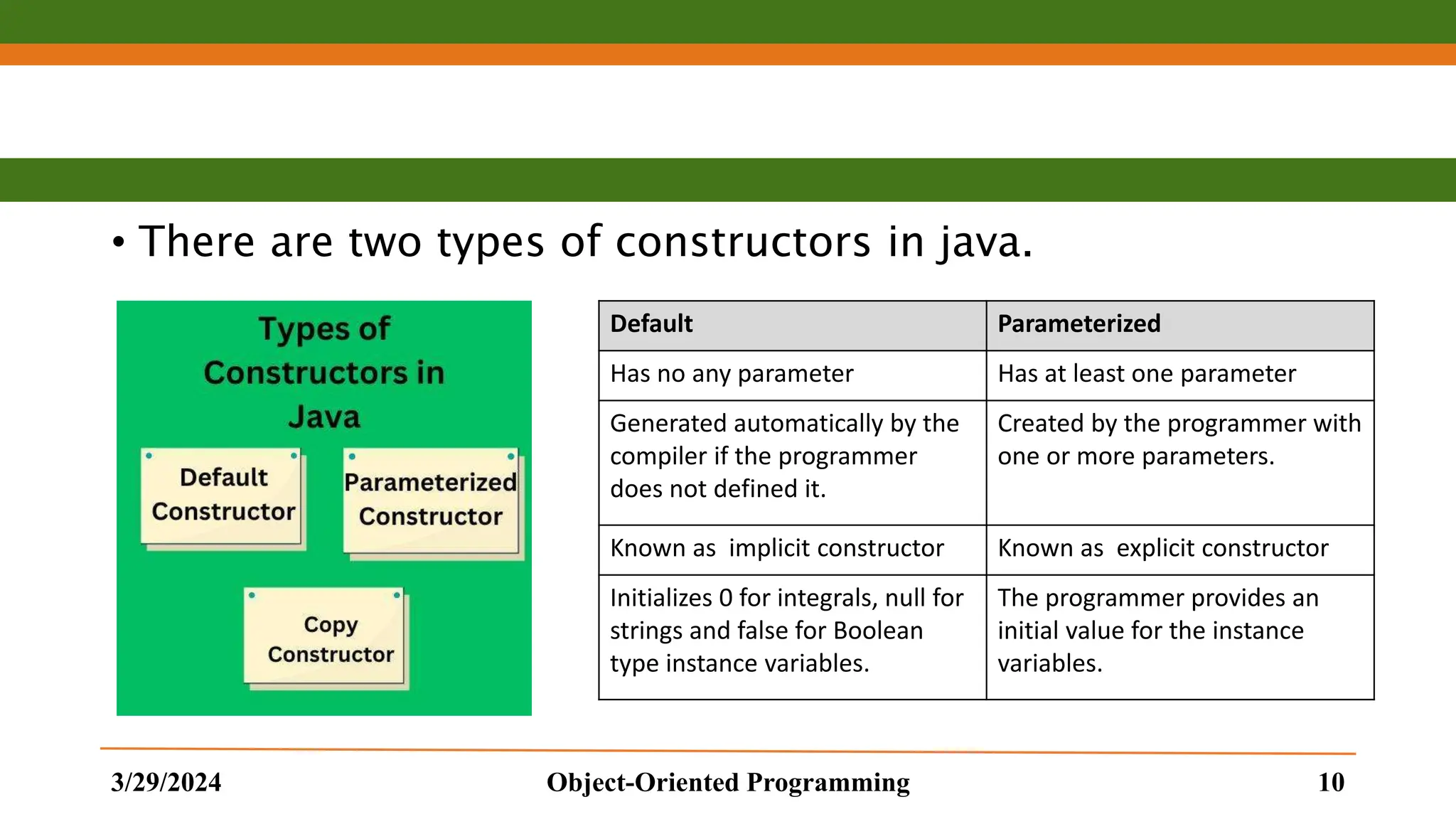• There are two types of constructors in java. 3/29/2024 Object-Oriented Programming 10 Default Parameterized Has no any parameter Has at least one parameter Generated automatically by the compiler if the programmer does not defined it. Created by the programmer with one or more parameters. Known as implicit constructor Known as explicit constructor Initializes 0 for integrals, null for strings and false for Boolean type instance variables. The programmer provides an initial value for the instance variables. 