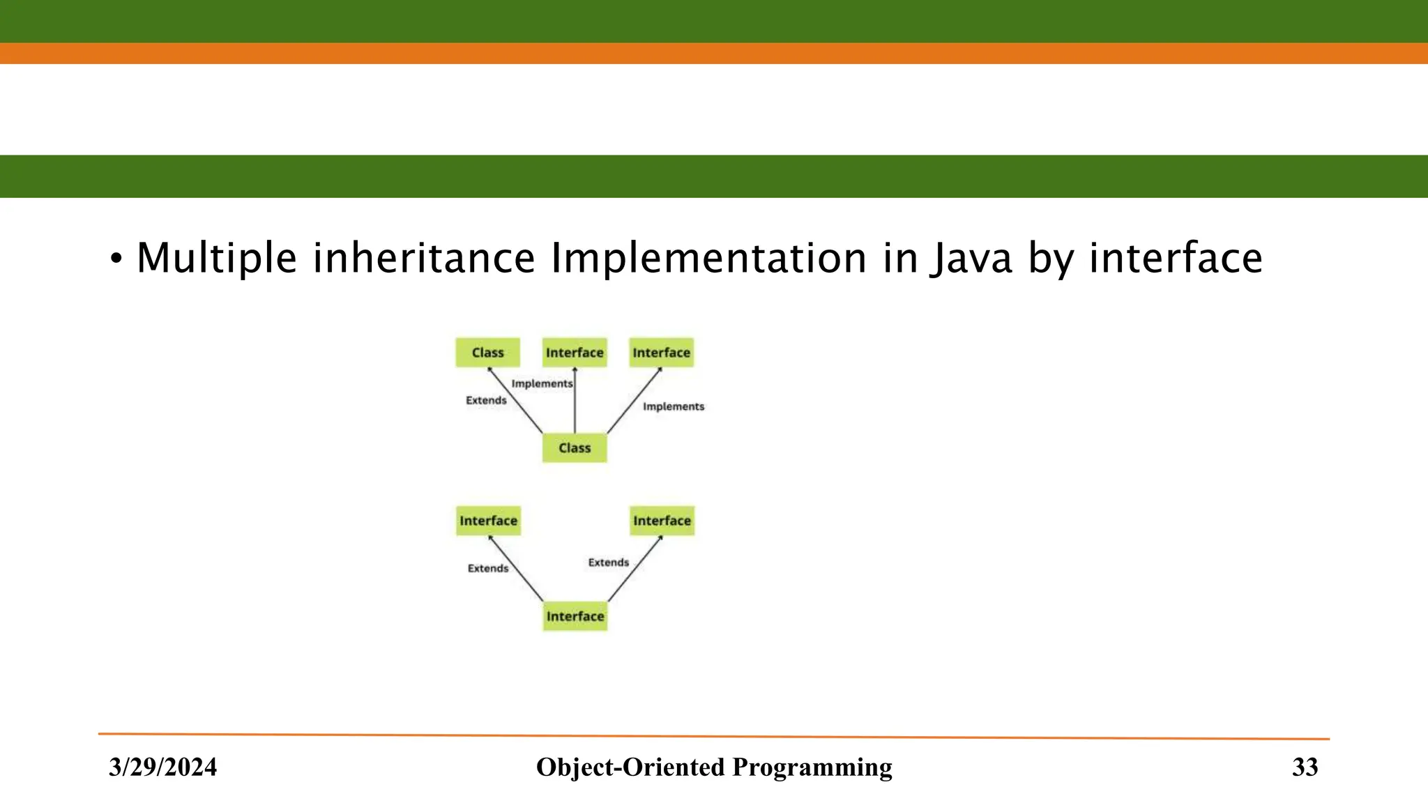 • Multiple inheritance Implementation in Java by interface 3/29/2024 Object-Oriented Programming 33 