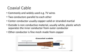 Coaxial Cable
• Commonly and widely used e.g. TV wires
• Two conductors parallel to each other
• Center conductor usually copper-solid or stranded martial
• Outside is non conductive material, usually white, plastic which
separates the inner conductor from outer conductor
• Other conductor is fine mesh made from copper
 