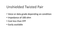 Unshielded Twisted Pair
• Voice or data grade depending on condition
• Impedance of 100 ohm
• Cost less than STP
• Easily available
 