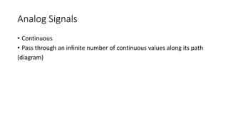 Analog Signals
• Continuous
• Pass through an infinite number of continuous values along its path
(diagram)
 