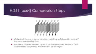 H.261 (px64) Compression Steps
 We typically have a group of pictures — one I-frame followed by several P-
frames — a group of pictures
 Number of P-frames followed by each I-frame determines the size of GOP
– can be ﬁxed or dynamic. Why this can’t be too large?
 