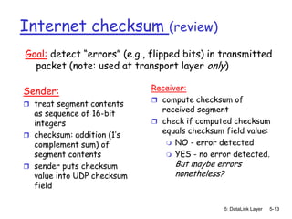Internet checksum (review)
Goal: detect “errors” (e.g., flipped bits) in transmitted
  packet (note: used at transport layer only)

Sender:                      Receiver:
                              compute checksum of
 treat segment contents
                               received segment
  as sequence of 16-bit
  integers                    check if computed checksum
                               equals checksum field value:
 checksum: addition (1’s
  complement sum) of             NO - error detected
  segment contents               YES - no error detected.
 sender puts checksum            But maybe errors
  value into UDP checksum         nonetheless?
  field

                                               5: DataLink Layer   5-13
 
