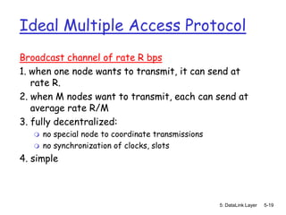 Ideal Multiple Access Protocol
Broadcast channel of rate R bps
1. when one node wants to transmit, it can send at
   rate R.
2. when M nodes want to transmit, each can send at
   average rate R/M
3. fully decentralized:
      no special node to coordinate transmissions
      no synchronization of clocks, slots
4. simple



                                                     5: DataLink Layer   5-19
 