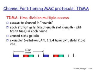 Channel Partitioning MAC protocols: TDMA

 TDMA: time division multiple access
  access to channel in "rounds"
  each station gets fixed length slot (length = pkt
   trans time) in each round
  unused slots go idle
  example: 6-station LAN, 1,3,4 have pkt, slots 2,5,6
   idle
             6-slot
             frame
       1     3   4         1       3   4




                                              5: DataLink Layer   5-21
 