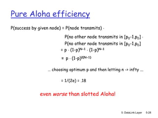 Pure Aloha efficiency
P(success by given node) = P(node transmits) .

                           P(no other node transmits in [p0-1,p0] .
                           P(no other node transmits in [p0-1,p0]
                         = p . (1-p)N-1 . (1-p)N-1
                         = p . (1-p)2(N-1)

                  … choosing optimum p and then letting n -> infty ...

                         = 1/(2e) = .18


              even worse than slotted Aloha!


                                                          5: DataLink Layer   5-28
 