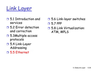 Link Layer
 5.1 Introduction and     5.6 Link-layer switches
    services               5.7 PPP
   5.2 Error detection    5.8 Link Virtualization:
    and correction          ATM, MPLS
   5.3Multiple access
    protocols
   5.4 Link-Layer
    Addressing
   5.5 Ethernet



                                           5: DataLink Layer   5-38
 