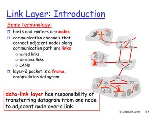 Link Layer: Introduction
Some terminology:
 hosts and routers are nodes
 communication channels that
  connect adjacent nodes along
  communication path are links
      wired links
      wireless links
      LANs
 layer-2 packet is a frame,
  encapsulates datagram



data-link layer has responsibility of
transferring datagram from one node
to adjacent node over a link
                                        5: DataLink Layer   5-4
 