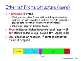 Ethernet Frame Structure (more)
 Addresses: 6 bytes
    if adapter receives frame with matching destination
     address, or with broadcast address (eg ARP packet), it
     passes data in frame to network layer protocol
    otherwise, adapter discards frame

 Type: indicates higher layer protocol (mostly IP
  but others possible, e.g., Novell IPX, AppleTalk)
 CRC: checked at receiver, if error is detected,
  frame is dropped




                                                    5: DataLink Layer   5-53
 