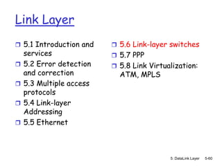 Link Layer
 5.1 Introduction and     5.6 Link-layer switches
    services               5.7 PPP
   5.2 Error detection    5.8 Link Virtualization:
    and correction          ATM, MPLS
   5.3 Multiple access
    protocols
   5.4 Link-layer
    Addressing
   5.5 Ethernet



                                           5: DataLink Layer   5-60
 