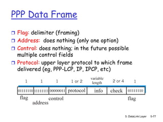 PPP Data Frame
 Flag: delimiter (framing)
 Address: does nothing (only one option)
 Control: does nothing; in the future possible
  multiple control fields
 Protocol: upper layer protocol to which frame
  delivered (eg, PPP-LCP, IP, IPCP, etc)




                                             5: DataLink Layer   5-77
 