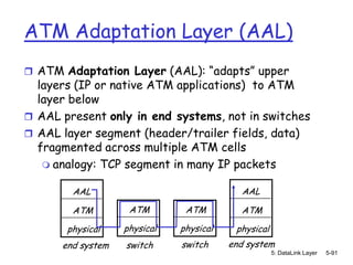 ATM Adaptation Layer (AAL)
 ATM Adaptation Layer (AAL): “adapts” upper
  layers (IP or native ATM applications) to ATM
  layer below
 AAL present only in end systems, not in switches
 AAL layer segment (header/trailer fields, data)
  fragmented across multiple ATM cells
    analogy: TCP segment in many IP packets


        AAL                                AAL

        ATM         ATM        ATM         ATM

       physical    physical   physical    physical
      end system   switch     switch     end system
                                                     5: DataLink Layer   5-91
 