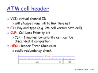 ATM cell header
 VCI: virtual channel ID
    will change from link to link thru net
 PT: Payload type (e.g. RM cell versus data cell)
 CLP: Cell Loss Priority bit
    CLP = 1 implies low priority cell, can be
     discarded if congestion
 HEC: Header Error Checksum
    cyclic redundancy check




                                             5: DataLink Layer   5-97
 
