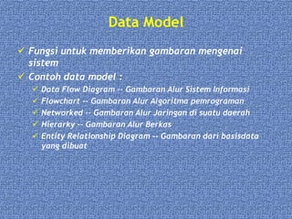 Data Model
 Fungsi untuk memberikan gambaran mengenai
sistem
 Contoh data model :
 Data Flow Diagram -- Gambaran Alur Sistem Informasi
 Flowchart -- Gambaran Alur Algoritma pemrograman
 Networked -- Gambaran Alur Jaringan di suatu daerah
 Hierarky -- Gambaran Alur Berkas
 Entity Relationship Diagram -- Gambaran dari basisdata
yang dibuat
 