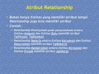 Atribut Relationship
 Bukan hanya Entitas yang memiliki atribut tetapi
Relationship juga bisa memiliki atribut
 Contoh :
 Relationship Peminjaman pada perpustakaan antara
Entitas Anggota dan Entitas Buku memiliki atribut
TglPinjam, TglKembali
 Relationship Bekerja antara Entitas Karyawan dan Entitas
Departemen memiliki atribut TglBekerja
 Relationship Mengerjakan antara Entitas Karyawan dan
Entitas Proyek memiliki atribut JamKerja
 
