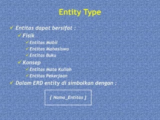 Entity Type
 Entitas dapat bersifat :
 Fisik
Entitas Mobil
Entitas Mahasiswa
Entitas Buku
 Konsep
Entitas Mata Kuliah
Entitas Pekerjaan
 Dalam ERD entity di simbolkan dengan :
[ Nama_Entitas ]
 