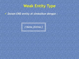 Weak Entity Type
 Dalam ERD entity di simbolkan dengan :
[ Nama_Entitas ]
 