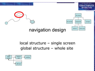 navigation design
local structure – single screen
global structure – whole site
start
the systems
info and help management messages
add user remove user
main
screen
remove
user
confirm
add user
 