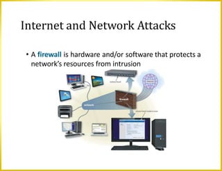 Internet and Network Attacks
• A firewall is hardware and/or software that protects a
network’s resources from intrusion
 