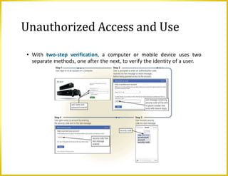 • With two-step verification, a computer or mobile device uses two
separate methods, one after the next, to verify the identity of a user.
Unauthorized Access and Use
 