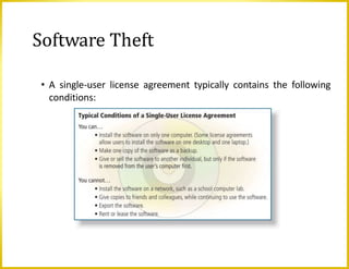 Software Theft
• A single-user license agreement typically contains the following
conditions:
 