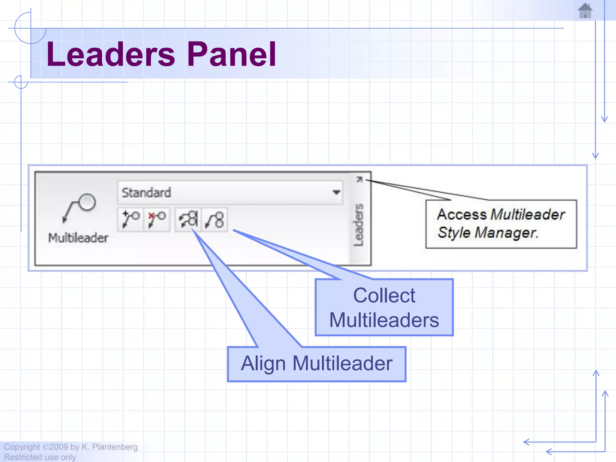 Copyright ©2009 by K. Plantenberg
Restricted use only
Leaders Panel
Collect
Multileaders
Align Multileader
 
