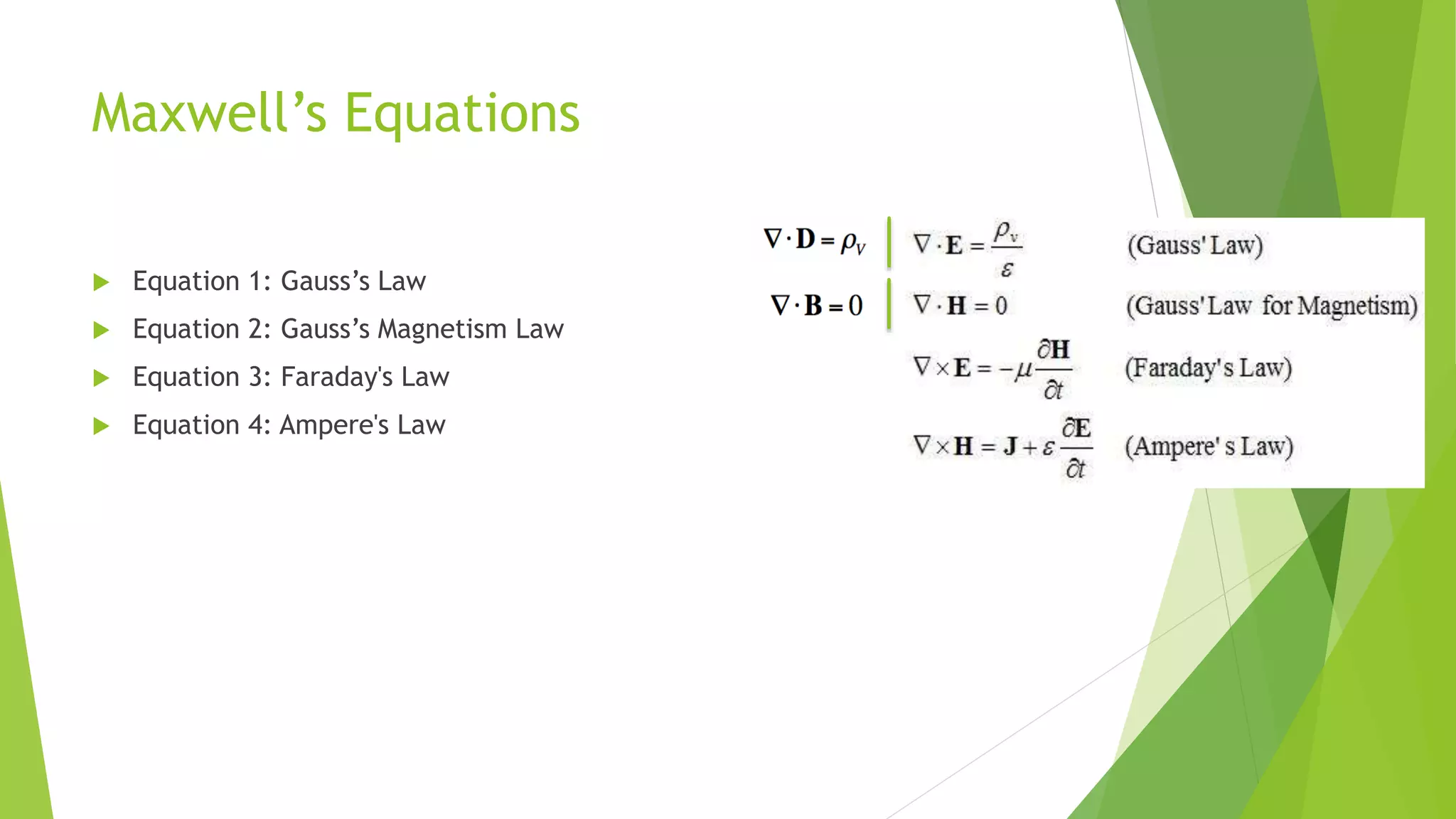 Maxwell’s Equations
 Equation 1: Gauss’s Law
 Equation 2: Gauss’s Magnetism Law
 Equation 3: Faraday's Law
 Equation 4: Ampere's Law
 