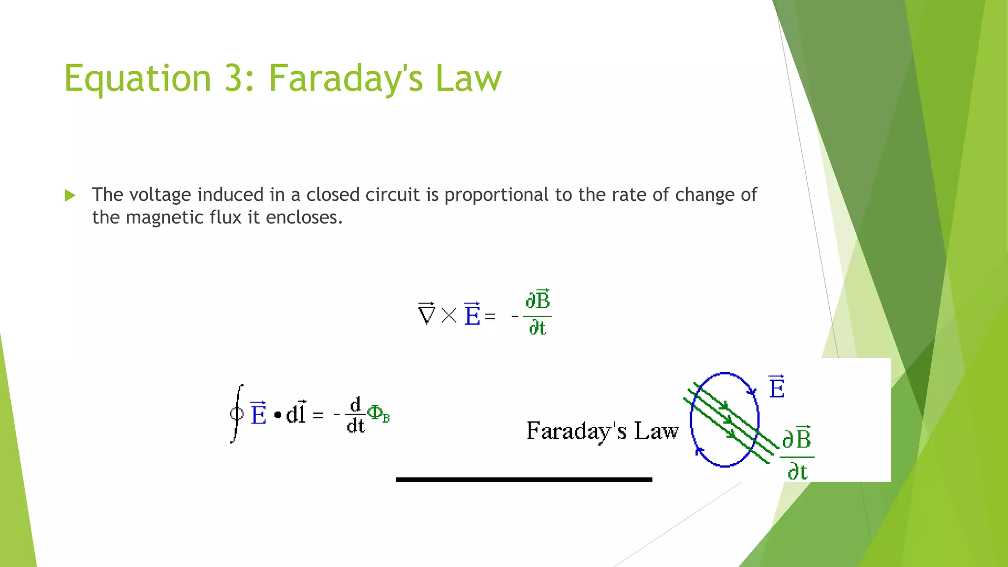 Equation 3: Faraday's Law
 The voltage induced in a closed circuit is proportional to the rate of change of
the magnetic flux it encloses.
 