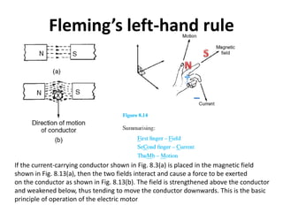 Fleming’s left-hand rule
If the current-carrying conductor shown in Fig. 8.3(a) is placed in the magnetic field
shown in Fig. 8.13(a), then the two fields interact and cause a force to be exerted
on the conductor as shown in Fig. 8.13(b). The field is strengthened above the conductor
and weakened below, thus tending to move the conductor downwards. This is the basic
principle of operation of the electric motor
 