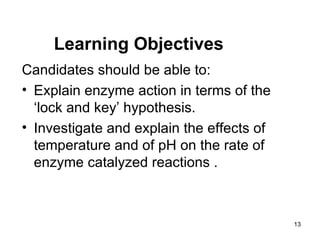 Learning Objectives Candidates should be able to: Explain enzyme action in terms of the ‘lock and key’ hypothesis. Investigate and explain the effects of temperature and of pH on the rate of enzyme catalyzed reactions . 