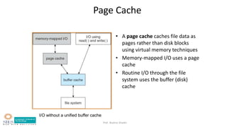 Prof. Bushra Shaikh
Page Cache
• A page cache caches file data as
pages rather than disk blocks
using virtual memory techniques
• Memory-mapped I/O uses a page
cache
• Routine I/O through the file
system uses the buffer (disk)
cache
I/O without a unified buffer cache
 