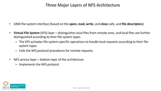 Prof. Bushra Shaikh
Three Major Layers of NFS Architecture
• UNIX file-system interface (based on the open, read, write, and close calls, and file descriptors)
• Virtual File System (VFS) layer – distinguishes local files from remote ones, and local files are further
distinguished according to their file-system types
– The VFS activates file-system-specific operations to handle local requests according to their file-
system types
– Calls the NFS protocol procedures for remote requests
• NFS service layer – bottom layer of the architecture
– Implements the NFS protocol
 