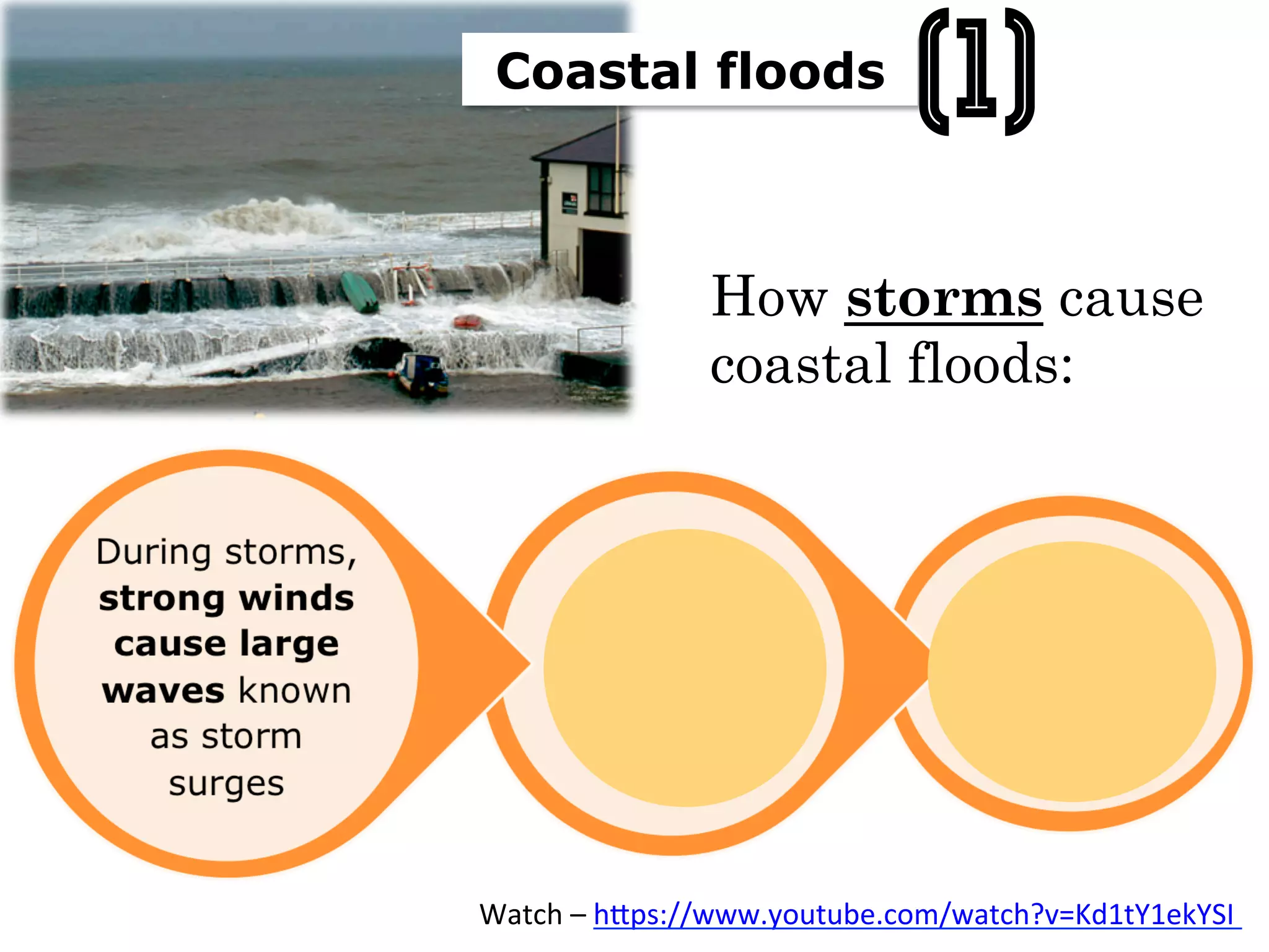 How storms cause
coastal floods:
Watch	
  –	
  h(ps://www.youtube.com/watch?v=Kd1tY1ekYSI	
  	
  
Coastal floods
(1)
 