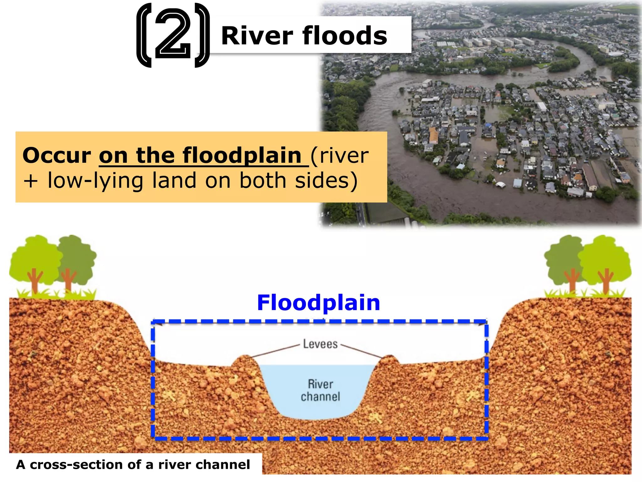 Occur on the floodplain (river
+ low-lying land on both sides)
A cross-section of a river channel
Floodplain
River floods
(2)
 